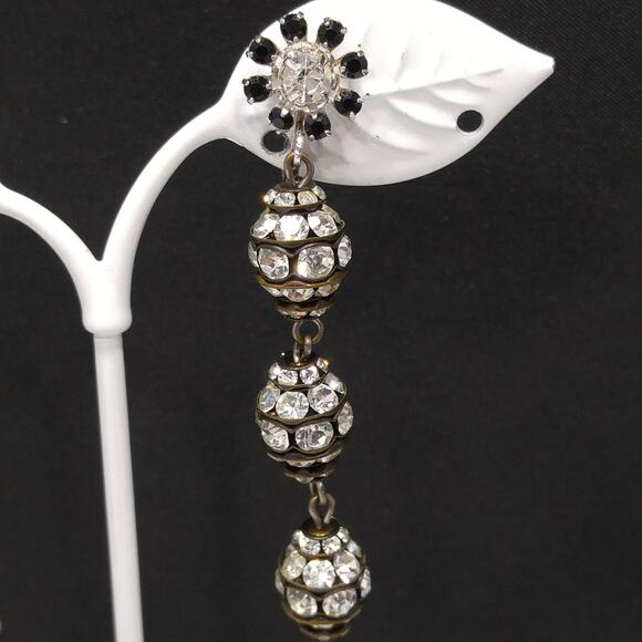 Vintage Dangle Long Black Floral Earrings, Clear Rhinestones, 1980s, 2 1/2" - Picture 3 of 10